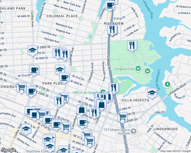 map of restaurants, bars, coffee shops, grocery stores, and more near 234 West 32nd Street in Norfolk