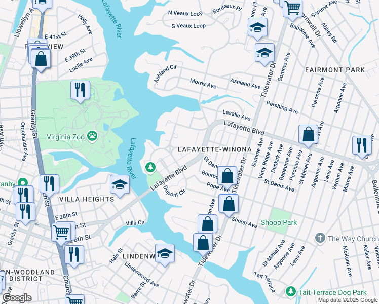 map of restaurants, bars, coffee shops, grocery stores, and more near 1535 Degrasse Avenue in Norfolk