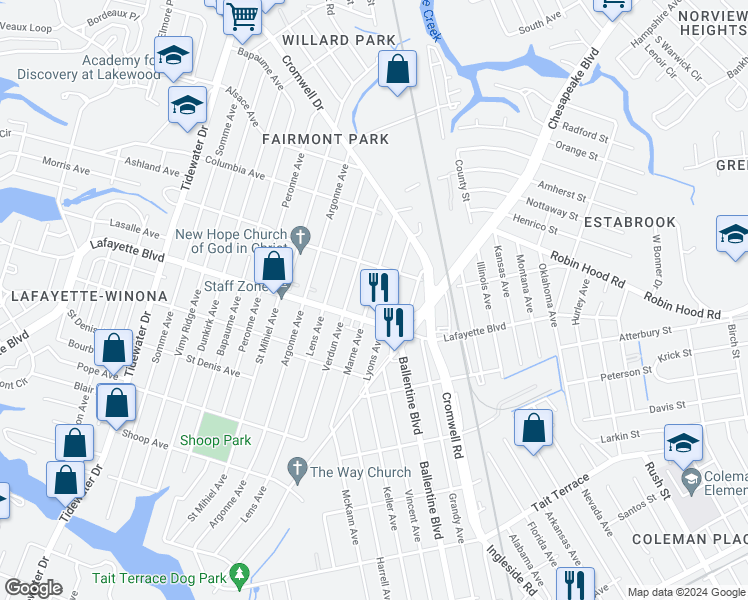 map of restaurants, bars, coffee shops, grocery stores, and more near 3216 Marne Avenue in Norfolk