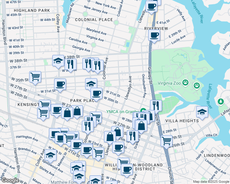 map of restaurants, bars, coffee shops, grocery stores, and more near 402 West 31st Street in Norfolk