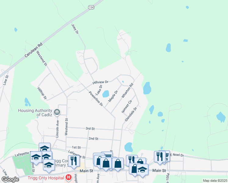 map of restaurants, bars, coffee shops, grocery stores, and more near 231 Maple Drive in Cadiz