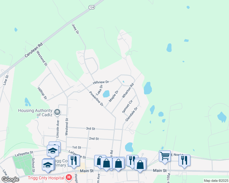 map of restaurants, bars, coffee shops, grocery stores, and more near 231 Maple Drive in Cadiz