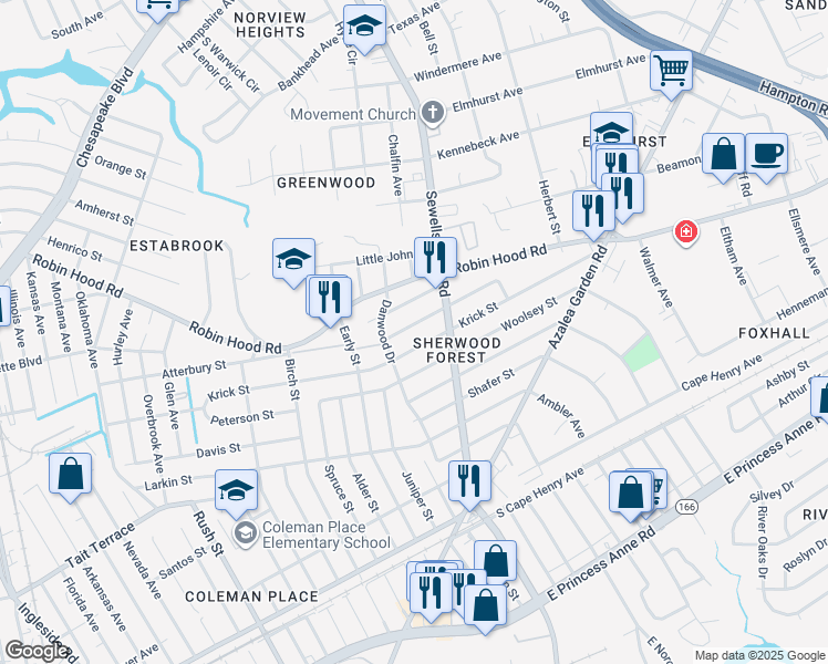 map of restaurants, bars, coffee shops, grocery stores, and more near 4724 Krick Street in Norfolk