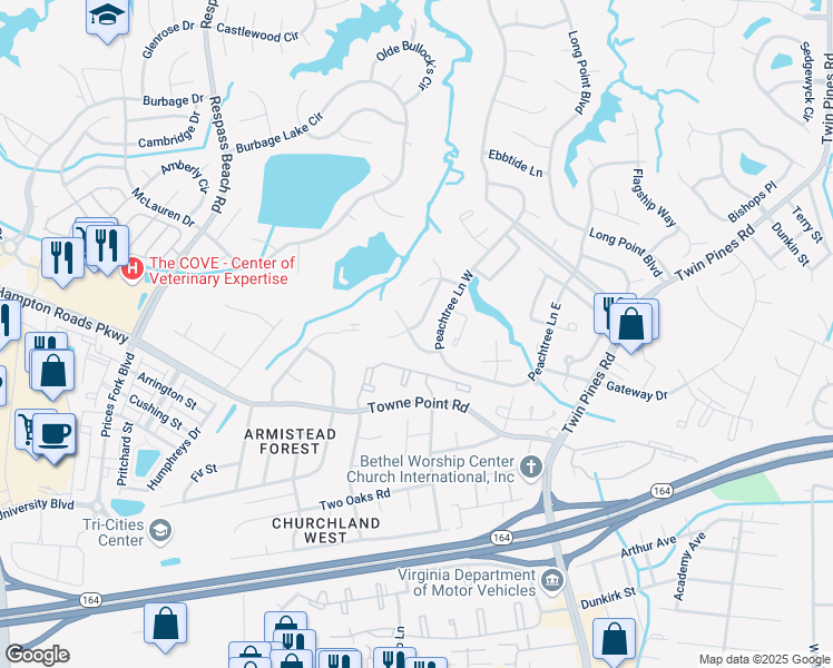 map of restaurants, bars, coffee shops, grocery stores, and more near 3807 Stateflower Court in Portsmouth