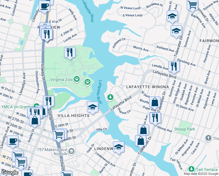 map of restaurants, bars, coffee shops, grocery stores, and more near 151 Orleans Circle in Norfolk