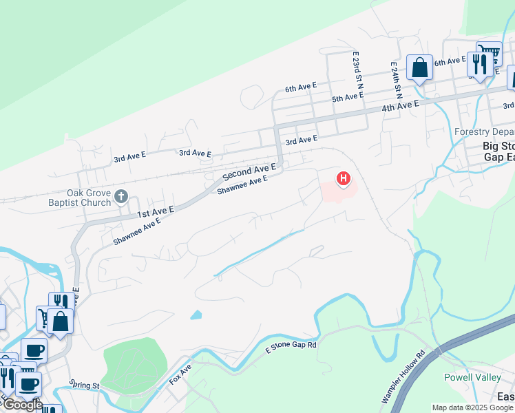 map of restaurants, bars, coffee shops, grocery stores, and more near 1759 Holton Avenue East in Big Stone Gap