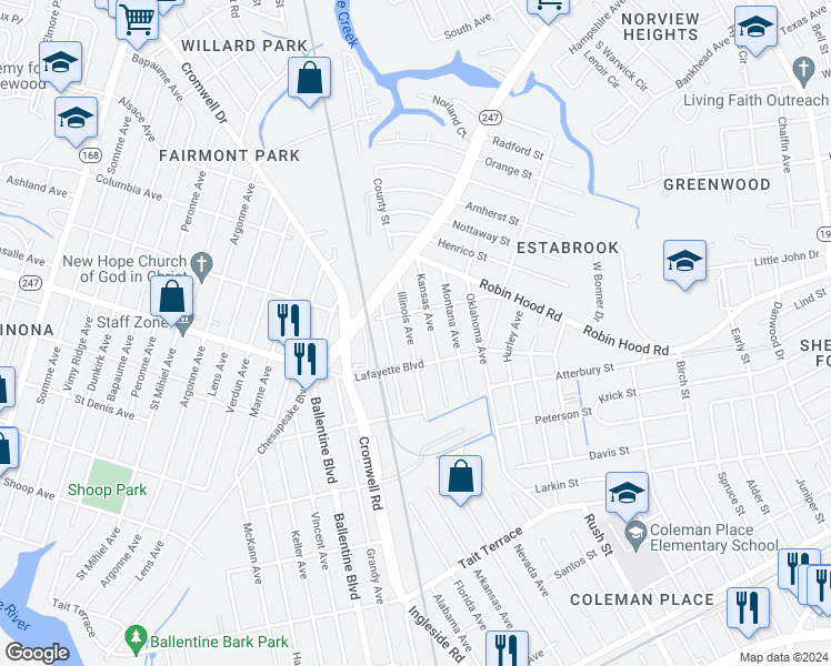 map of restaurants, bars, coffee shops, grocery stores, and more near 3122 Illinois Avenue in Norfolk