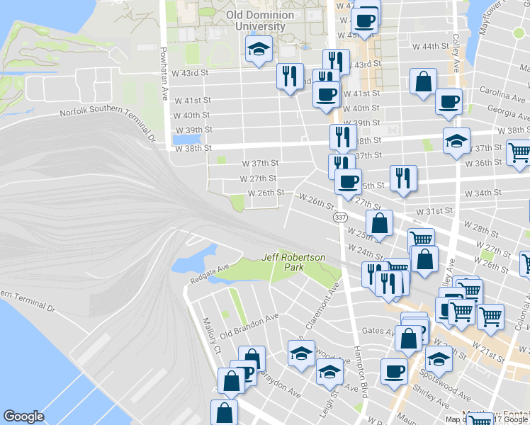 map of restaurants, bars, coffee shops, grocery stores, and more near 1317 West 25th Street in Norfolk