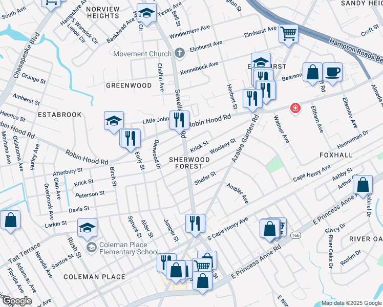 map of restaurants, bars, coffee shops, grocery stores, and more near 4807 Krick Street in Norfolk