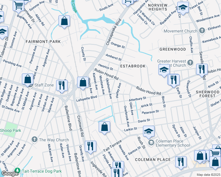 map of restaurants, bars, coffee shops, grocery stores, and more near 3114 Oklahoma Avenue in Norfolk