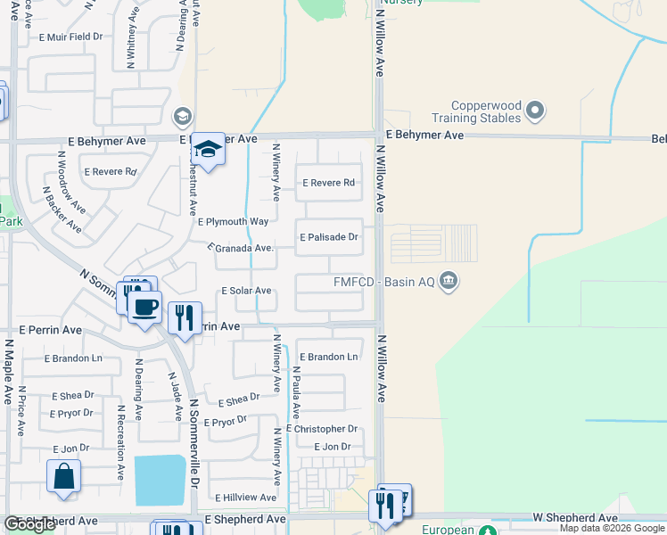 map of restaurants, bars, coffee shops, grocery stores, and more near 2929 East Waterford Avenue in Fresno