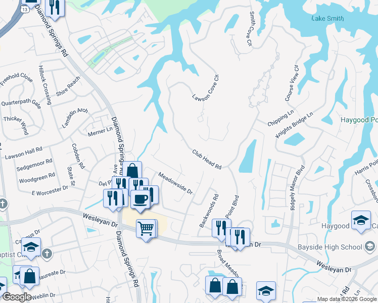 map of restaurants, bars, coffee shops, grocery stores, and more near 5353 Club Head Road in Virginia Beach