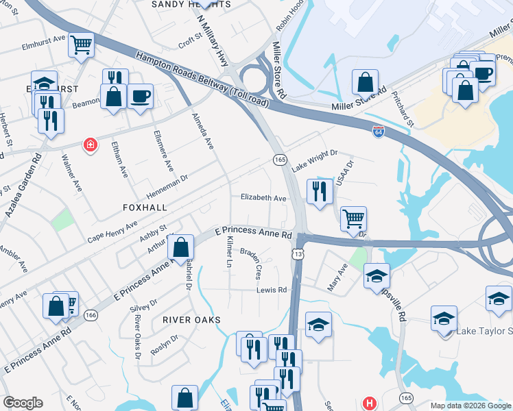 map of restaurants, bars, coffee shops, grocery stores, and more near 5531 Elizabeth Avenue in Norfolk