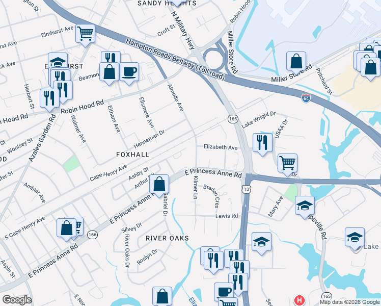 map of restaurants, bars, coffee shops, grocery stores, and more near 1524 Kilmer Lane in Norfolk