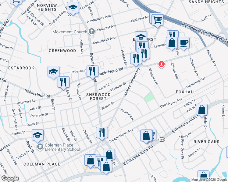 map of restaurants, bars, coffee shops, grocery stores, and more near 4940 Bruce Street in Norfolk