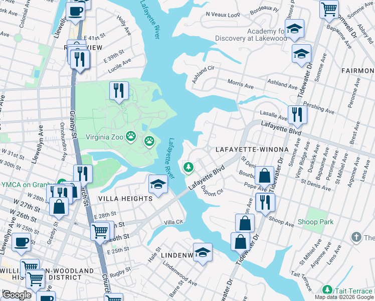 map of restaurants, bars, coffee shops, grocery stores, and more near 136 Orleans Circle in Norfolk