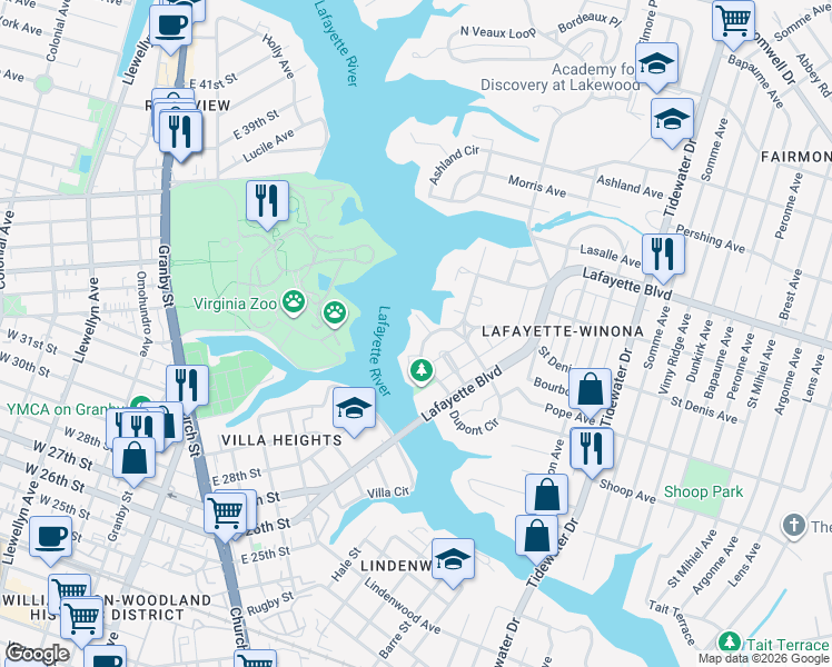 map of restaurants, bars, coffee shops, grocery stores, and more near 136 Orleans Circle in Norfolk