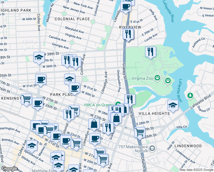 map of restaurants, bars, coffee shops, grocery stores, and more near 222 West 32nd Street in Norfolk