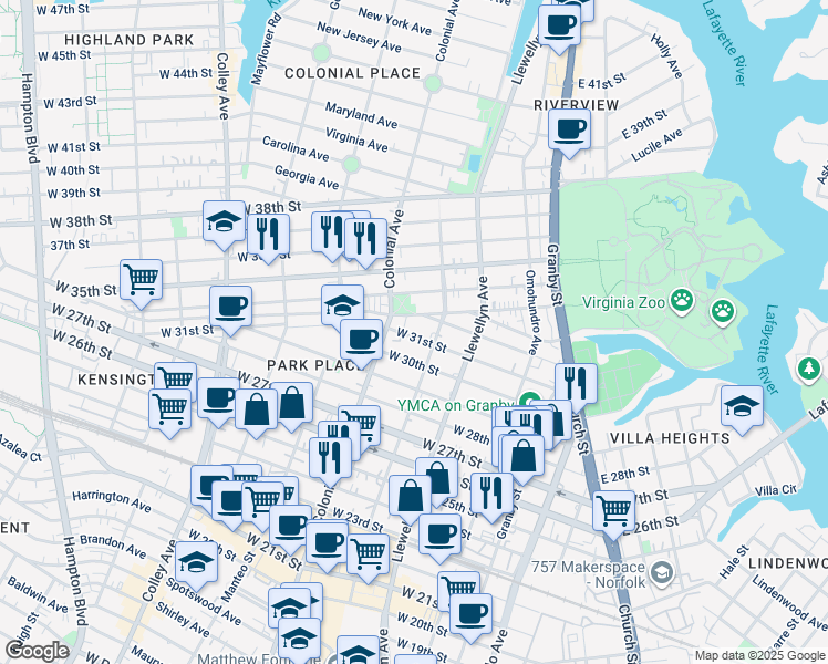 map of restaurants, bars, coffee shops, grocery stores, and more near 402 West 31st Street in Norfolk