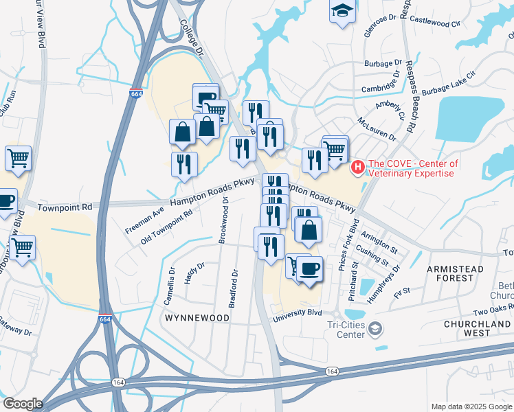 map of restaurants, bars, coffee shops, grocery stores, and more near 6137 Old College Drive in Suffolk