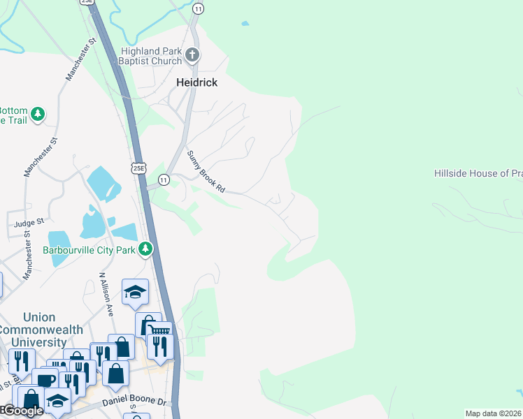 map of restaurants, bars, coffee shops, grocery stores, and more near 416 Sunny Brook Road in Barbourville