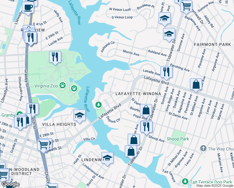map of restaurants, bars, coffee shops, grocery stores, and more near 1517 Degrasse Avenue in Norfolk
