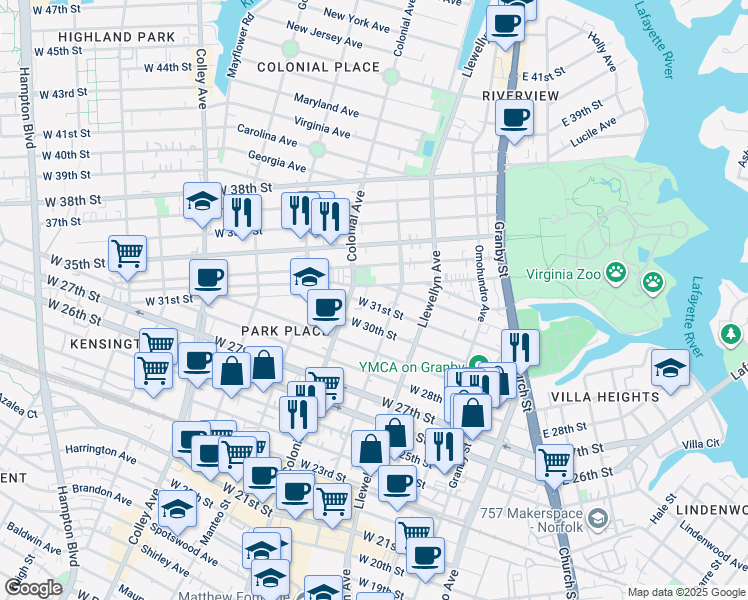 map of restaurants, bars, coffee shops, grocery stores, and more near 418 West 31st Street in Norfolk