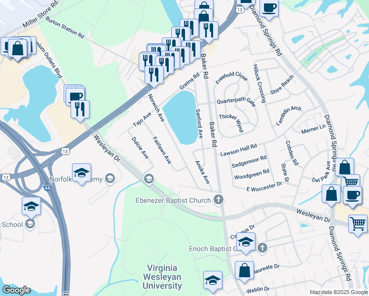 map of restaurants, bars, coffee shops, grocery stores, and more near 1032 Norwich Avenue in Virginia Beach