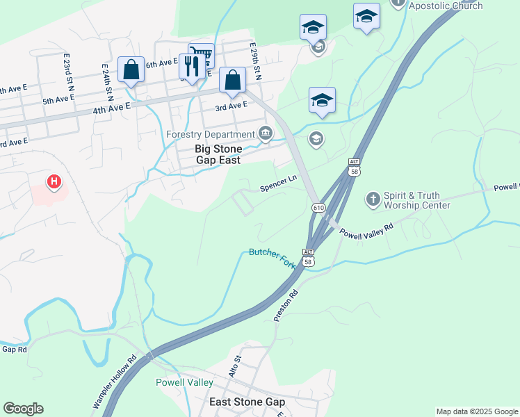 map of restaurants, bars, coffee shops, grocery stores, and more near 2804 Cousins Lane in Big Stone Gap