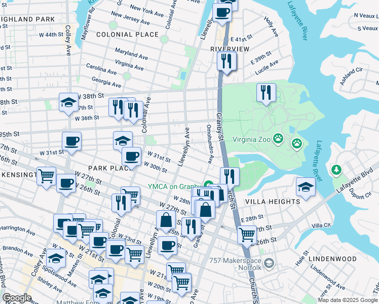 map of restaurants, bars, coffee shops, grocery stores, and more near 222 West 32nd Street in Norfolk