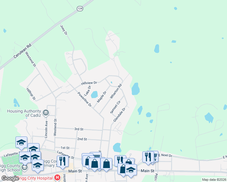 map of restaurants, bars, coffee shops, grocery stores, and more near 149 Wharton Road in Cadiz