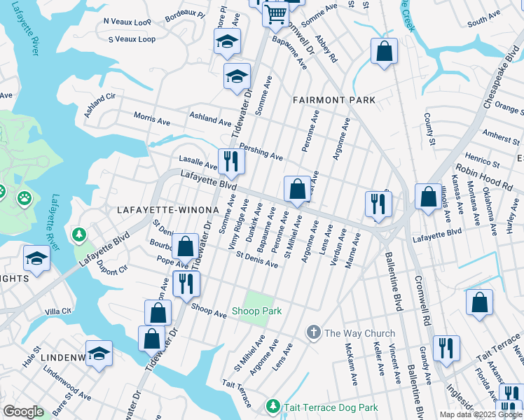 map of restaurants, bars, coffee shops, grocery stores, and more near 3122 Dunkirk Avenue in Norfolk