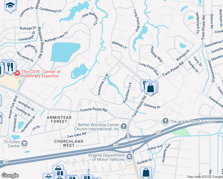 map of restaurants, bars, coffee shops, grocery stores, and more near 3814 Fruitwood Court in Portsmouth