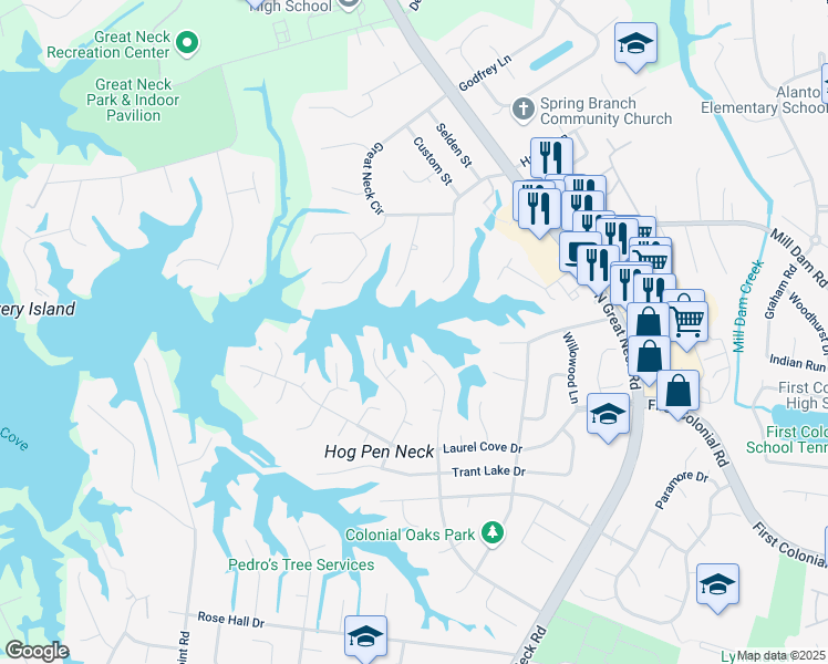 map of restaurants, bars, coffee shops, grocery stores, and more near 1348 Meadow Lake Road in Virginia Beach