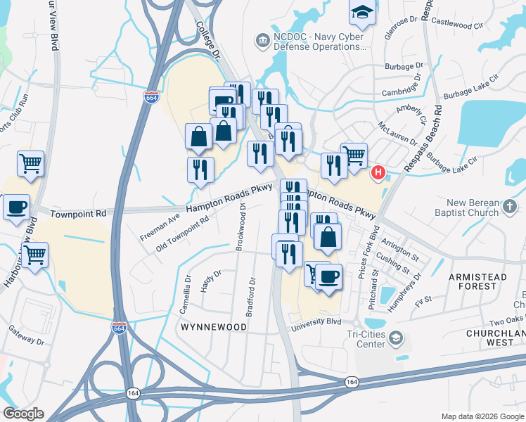 map of restaurants, bars, coffee shops, grocery stores, and more near 6133 Bradford Drive in Suffolk
