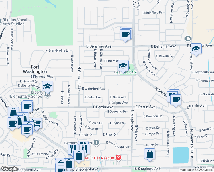map of restaurants, bars, coffee shops, grocery stores, and more near 9594 North Shannon Avenue in Fresno