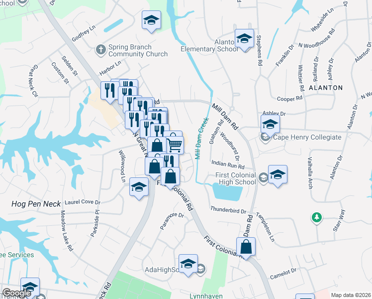 map of restaurants, bars, coffee shops, grocery stores, and more near 2106 Sanctuary Court in Virginia Beach
