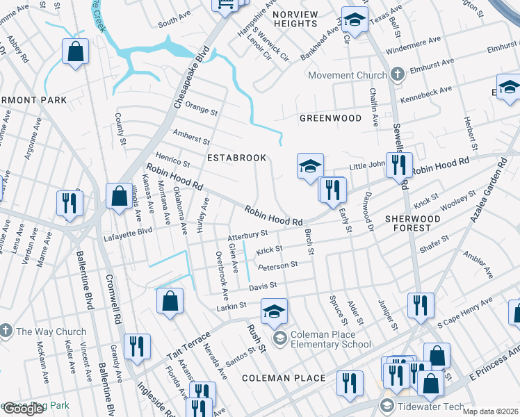 map of restaurants, bars, coffee shops, grocery stores, and more near 3837 Robin Hood Road in Norfolk