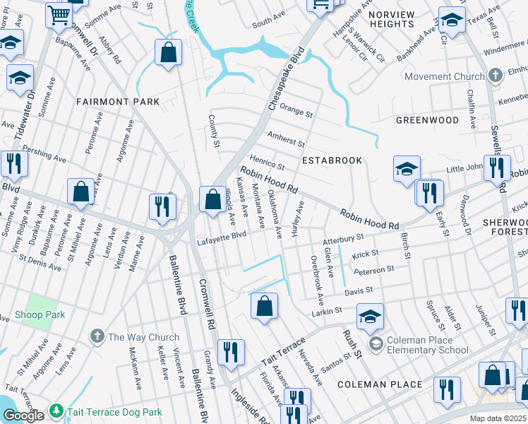map of restaurants, bars, coffee shops, grocery stores, and more near 3113 Montana Avenue in Norfolk