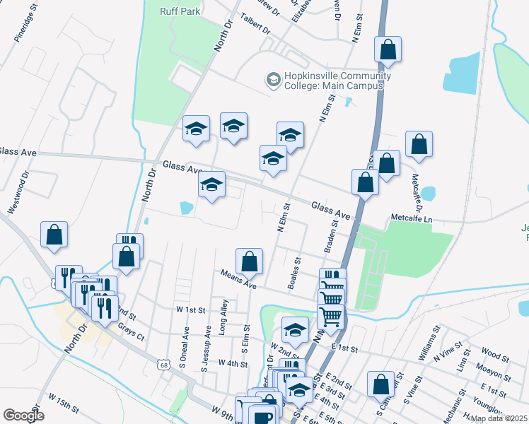 map of restaurants, bars, coffee shops, grocery stores, and more near 300 Berkley Court in Hopkinsville