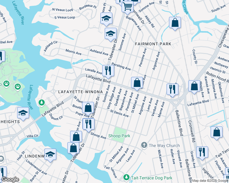 map of restaurants, bars, coffee shops, grocery stores, and more near 3118 Vimy Ridge Avenue in Norfolk
