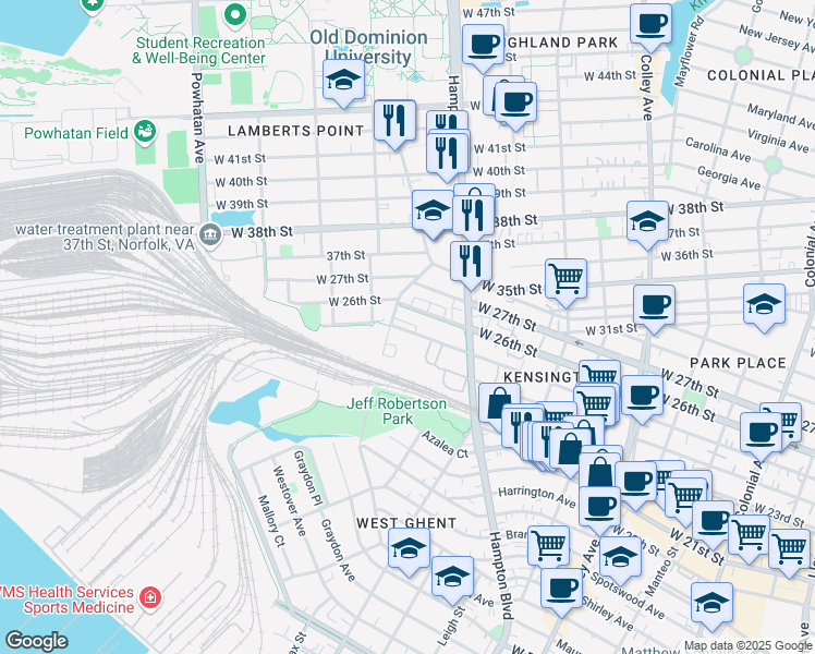 map of restaurants, bars, coffee shops, grocery stores, and more near 2409 Bowdens Ferry Road in Norfolk