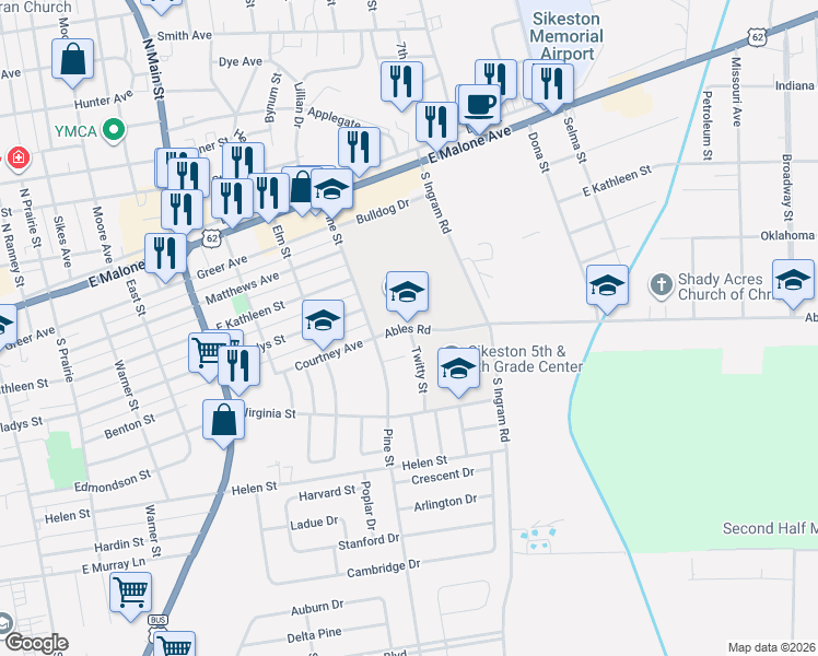 map of restaurants, bars, coffee shops, grocery stores, and more near Twitty Street in Sikeston