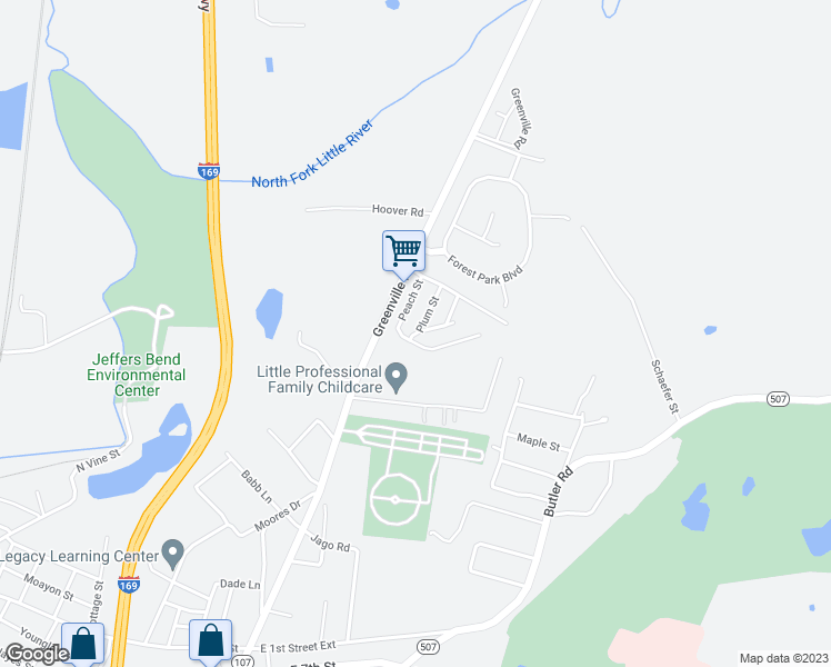 map of restaurants, bars, coffee shops, grocery stores, and more near 121 Plum Street in Hopkinsville