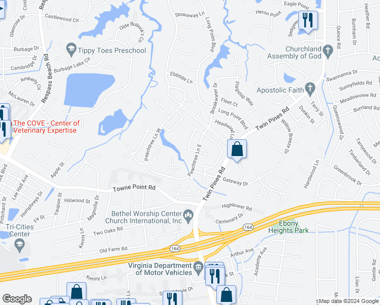 map of restaurants, bars, coffee shops, grocery stores, and more near 3806 Augustine Circle in Portsmouth