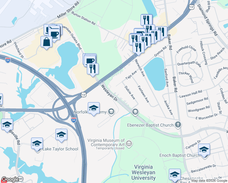 map of restaurants, bars, coffee shops, grocery stores, and more near 6036 Wesleyan Drive in Virginia Beach