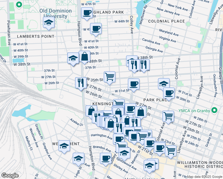 map of restaurants, bars, coffee shops, grocery stores, and more near 3300 Killam Avenue in Norfolk