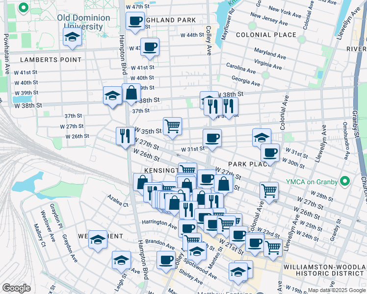 map of restaurants, bars, coffee shops, grocery stores, and more near 912 West 31st Street in Norfolk