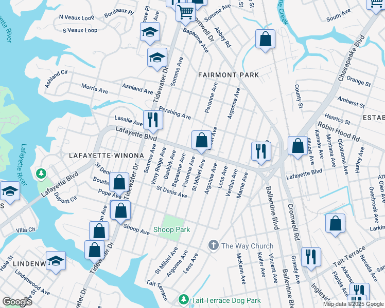map of restaurants, bars, coffee shops, grocery stores, and more near 2315 Lafayette Boulevard in Norfolk