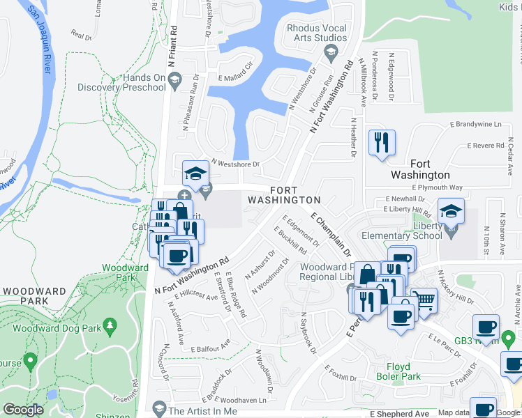 map of restaurants, bars, coffee shops, grocery stores, and more near 645 East Champlain Drive in Fresno